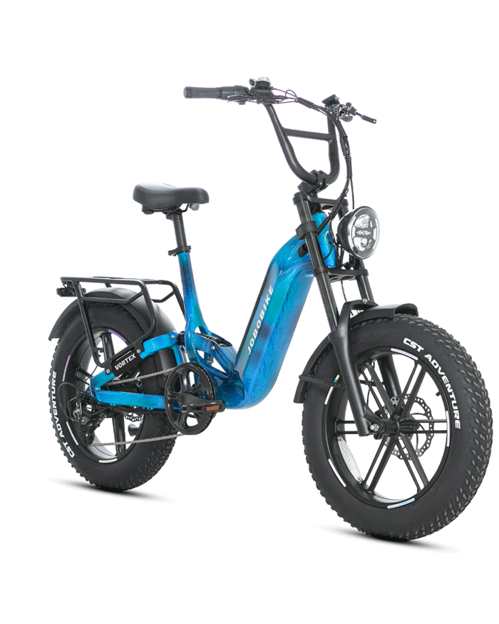 EVVOLT Åsen elektrisk fatbike i capri blå med CST Adventure fatdekk animasjon