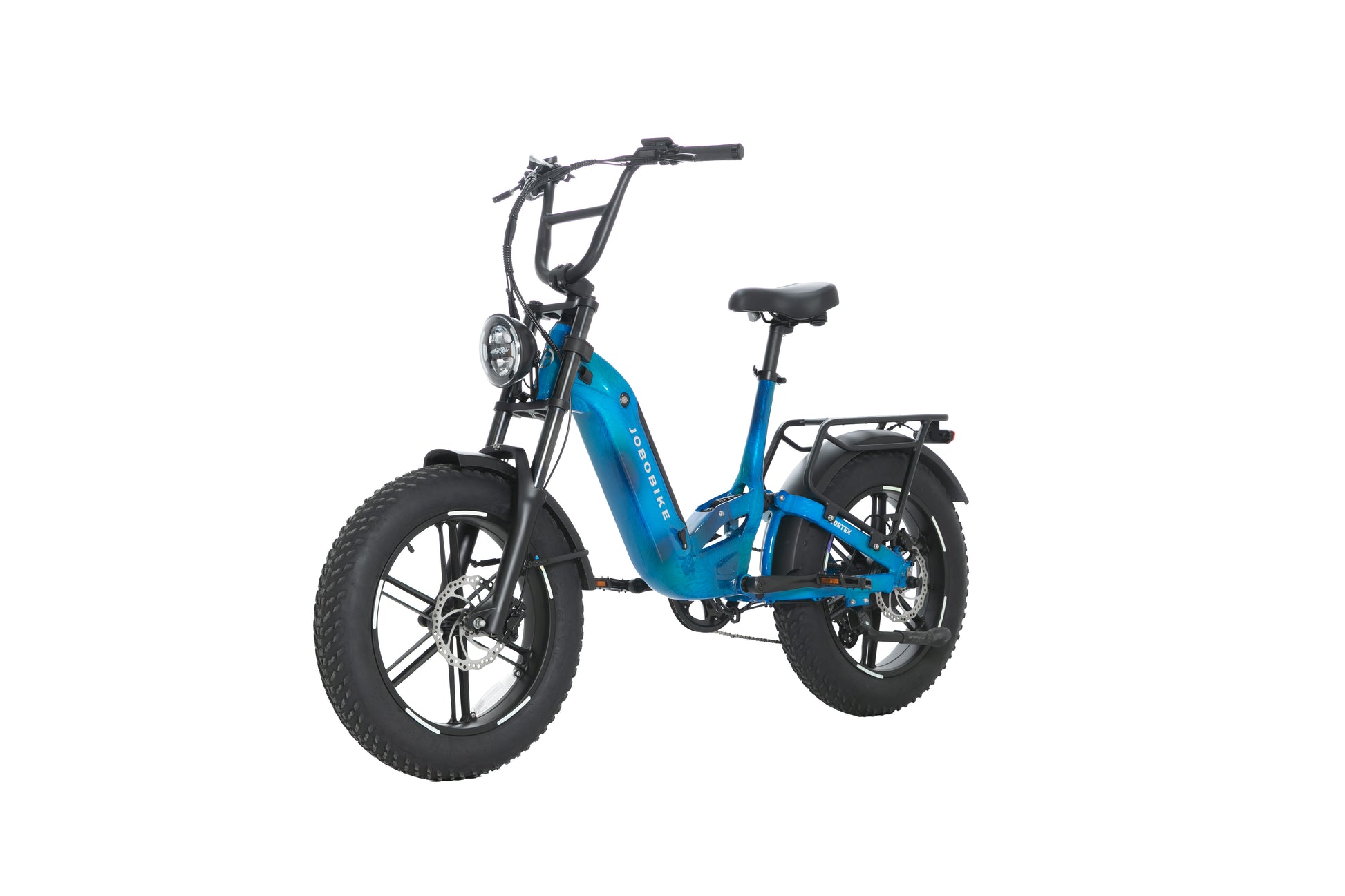 EVVOLT Åsen capri blå fatbike sett forfra med rund LED-frontlys og BMX-styre