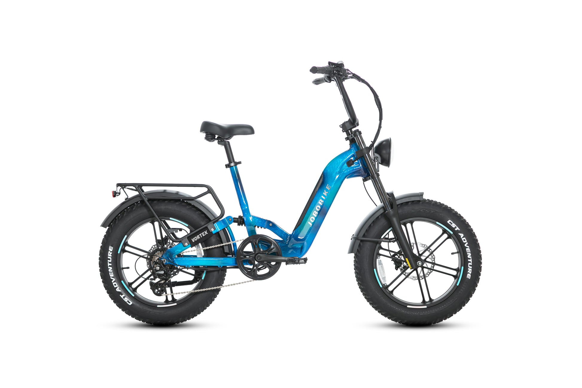 EVVOLT Åsen elektrisk fatbike i capri blå med rund LED-frontlys, sidevisning