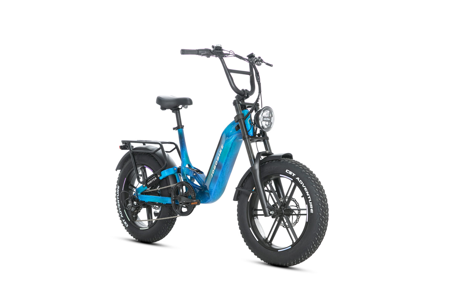 EVVOLT Åsen capri blå fatbike sett skrått forfra med moped-stil frontlys