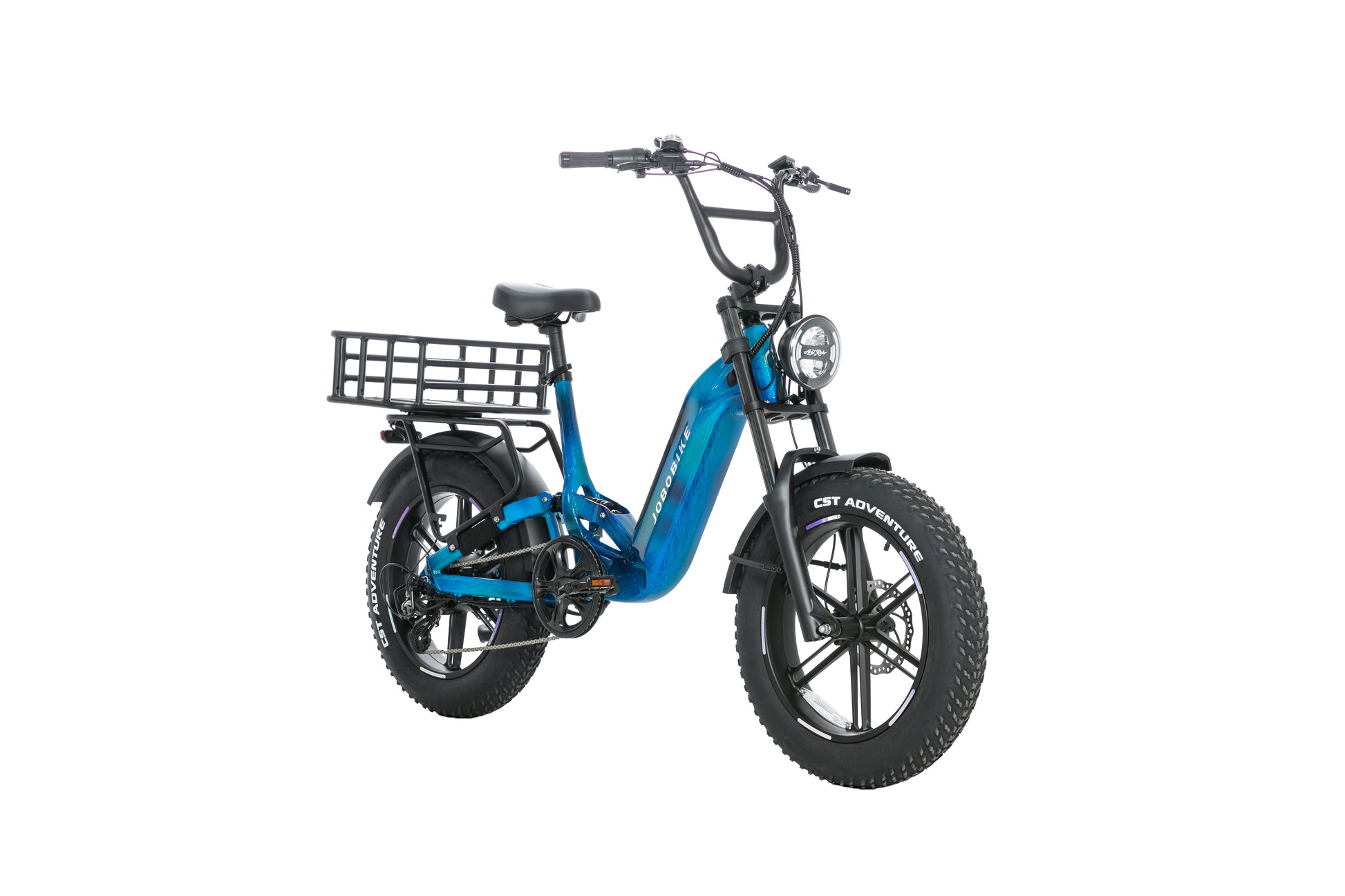 EVVOLT Åsen capri blå fatbike med frontkurv montert på styre
