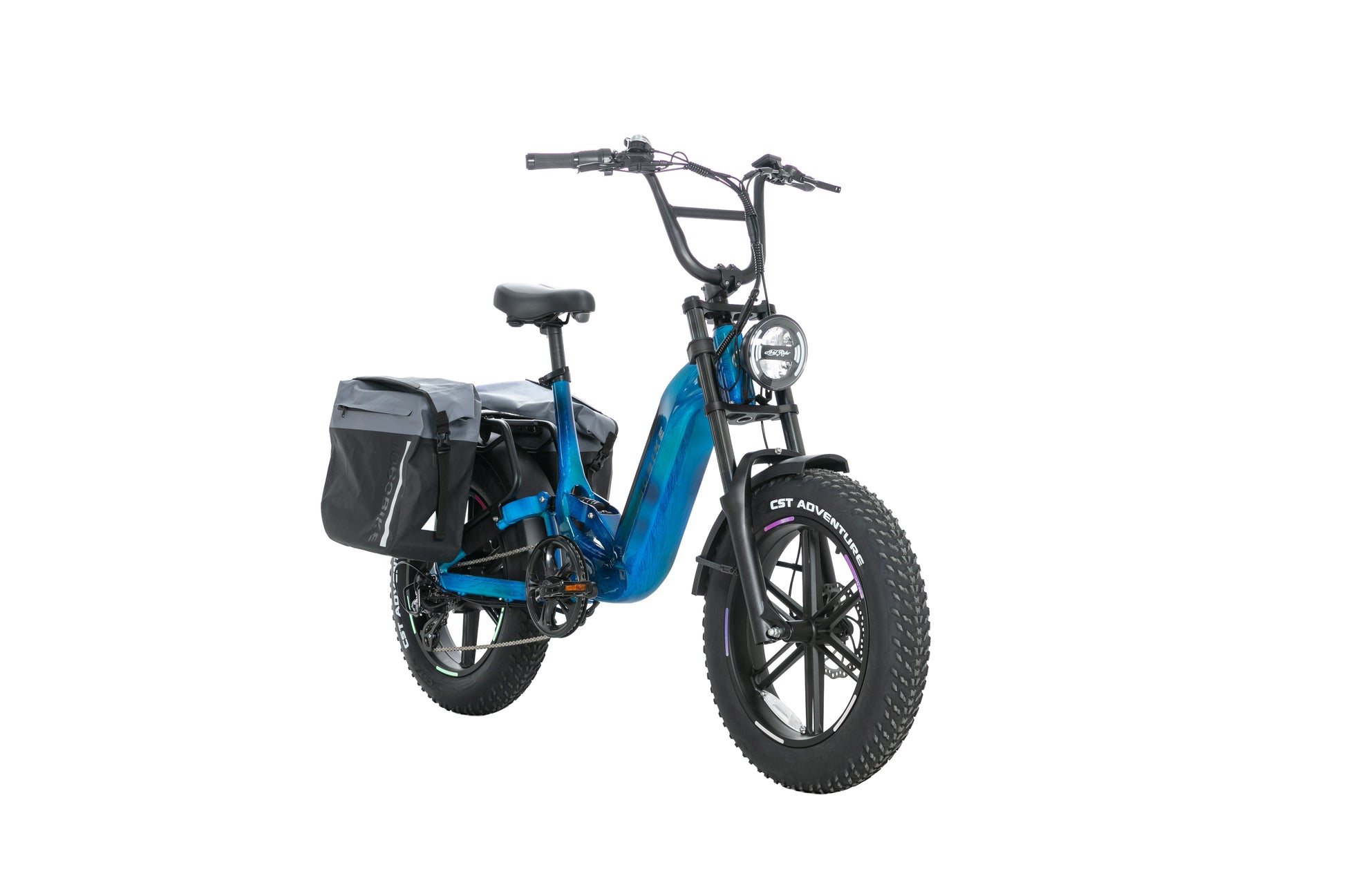 EVVOLT Åsen capri blå fatbike med sidebag montert på bagasjebrett