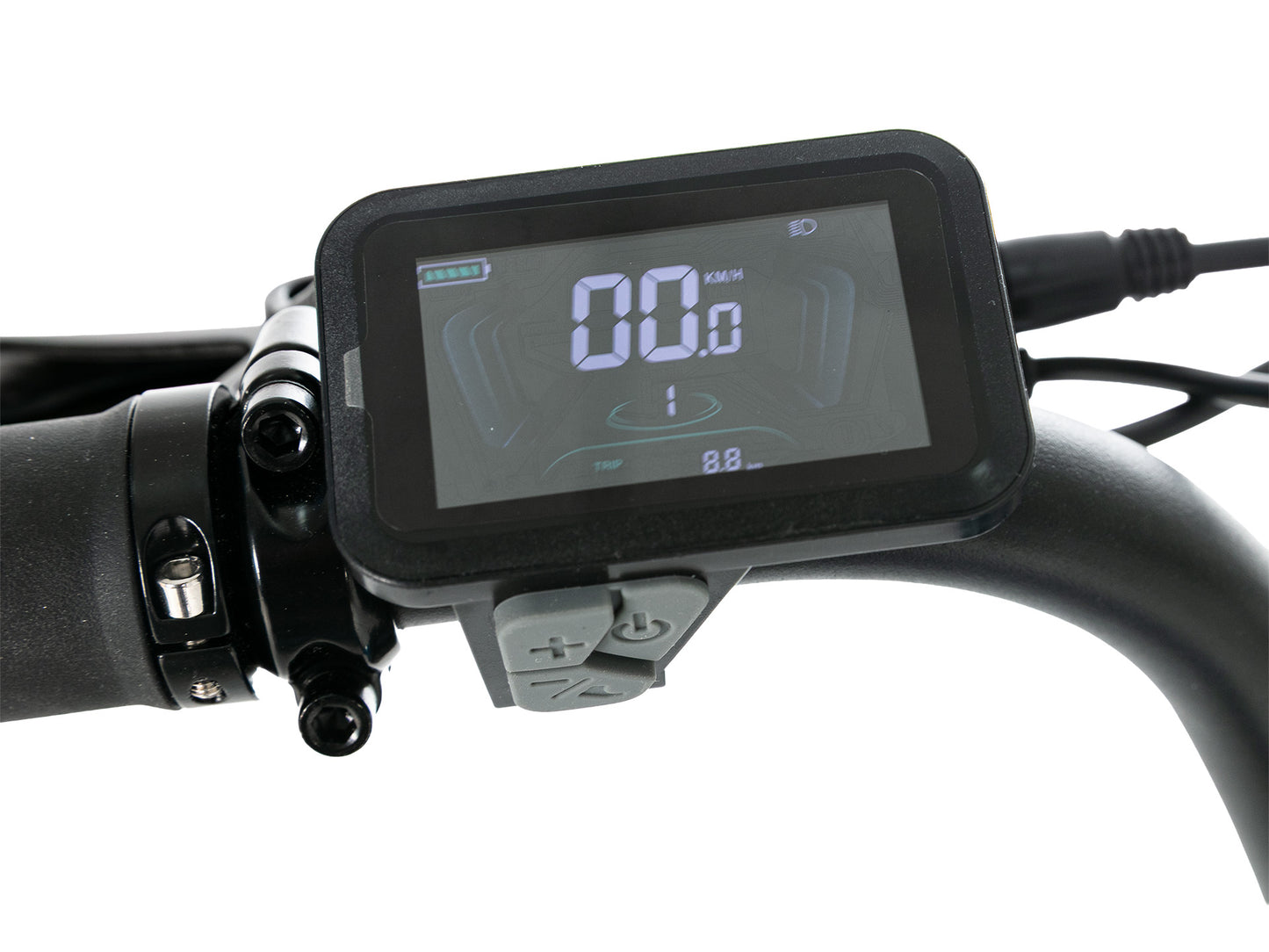 EVVOLT Åsen farget LCD-display som viser hastighet i km/t og PAS-nivå