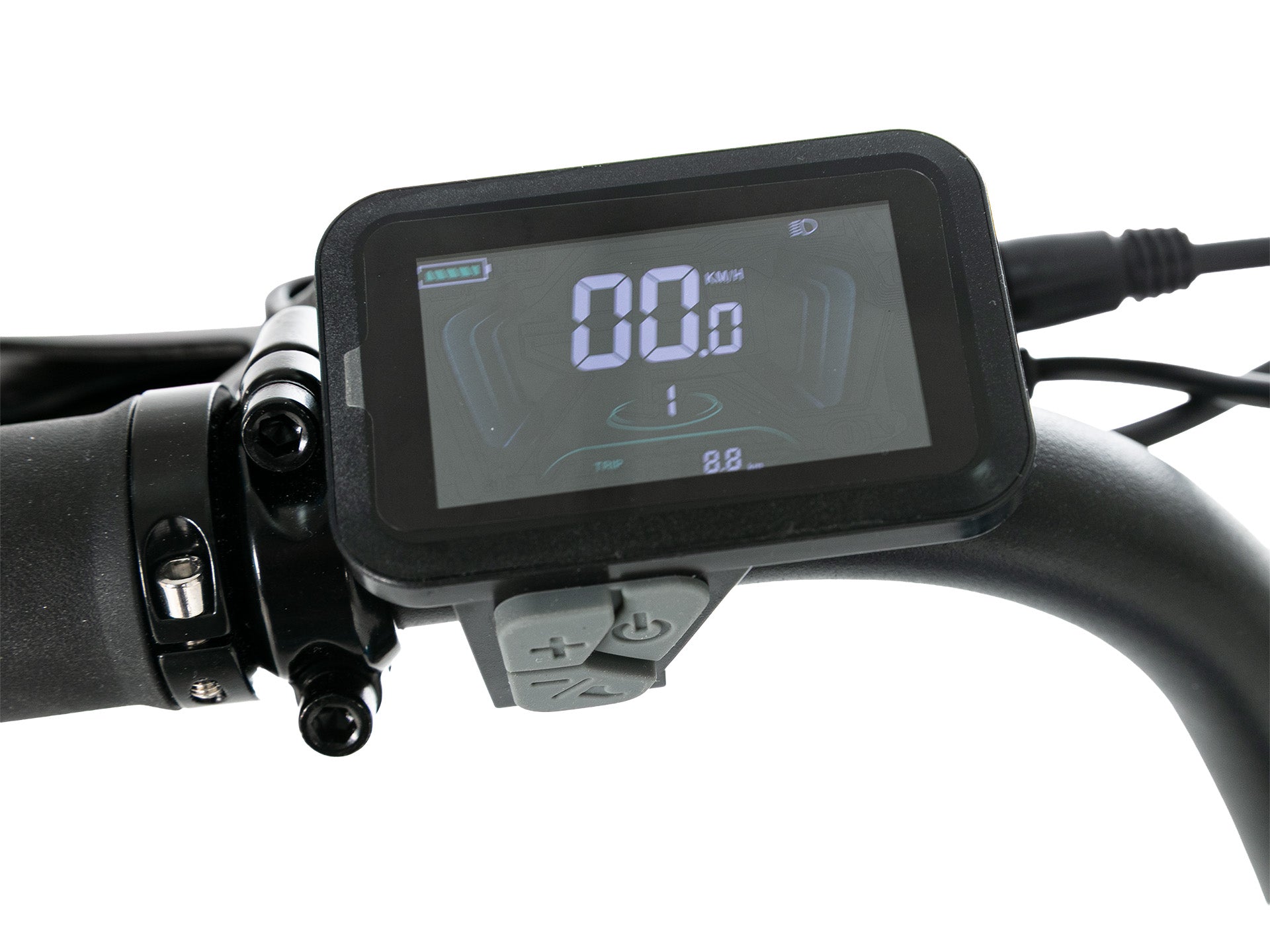 EVVOLT Åsen farget LCD-display som viser hastighet i km/t og PAS-nivå