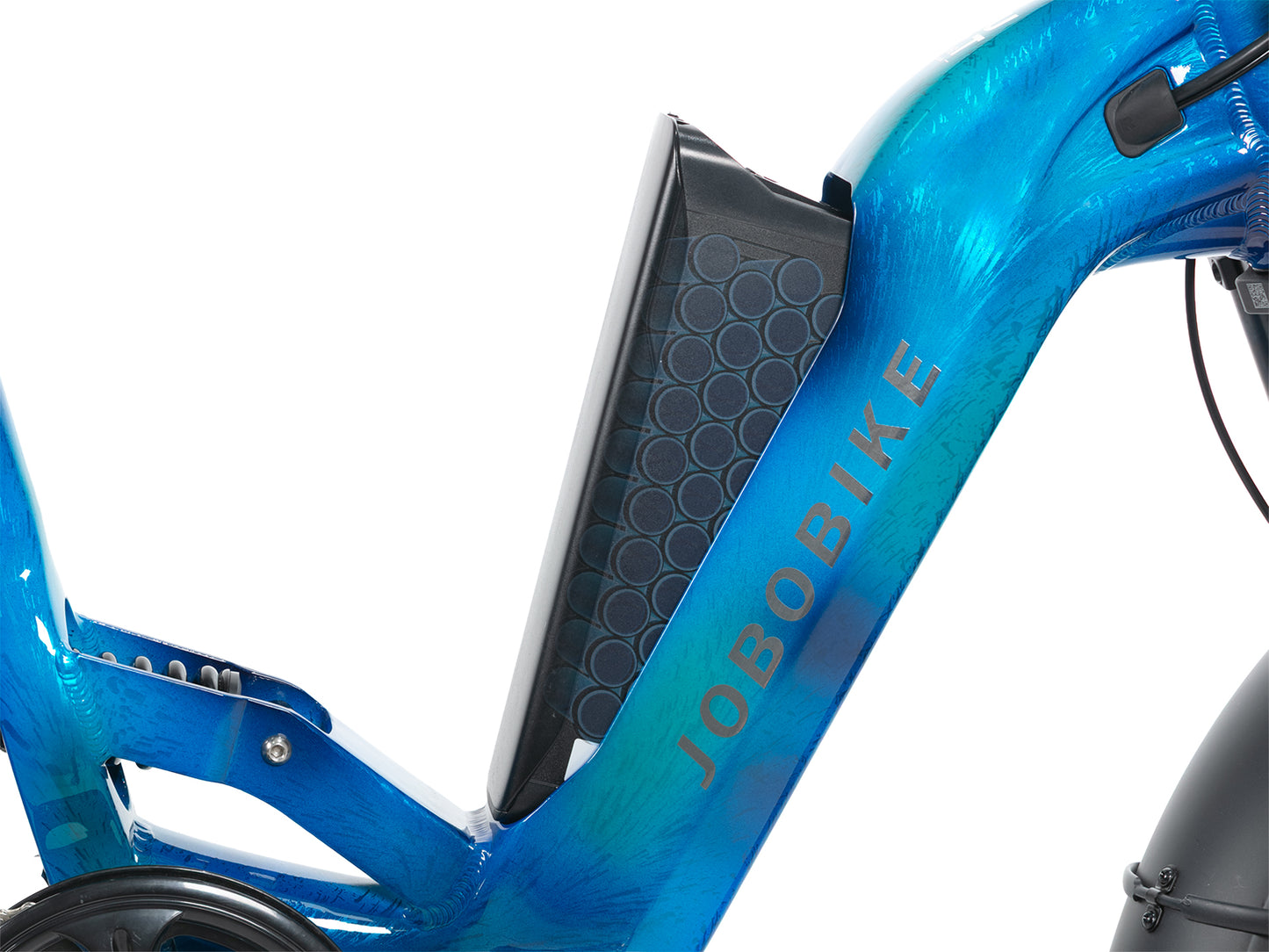 EVVOLT Åsen integrert batteri i rammen med blå marmorert finish nærbilde