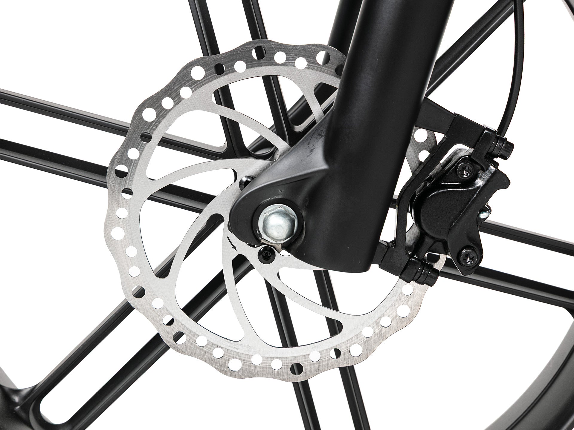 EVVOLT Åsen skivebremse rotor nærbilde med sort magnesiumfelg