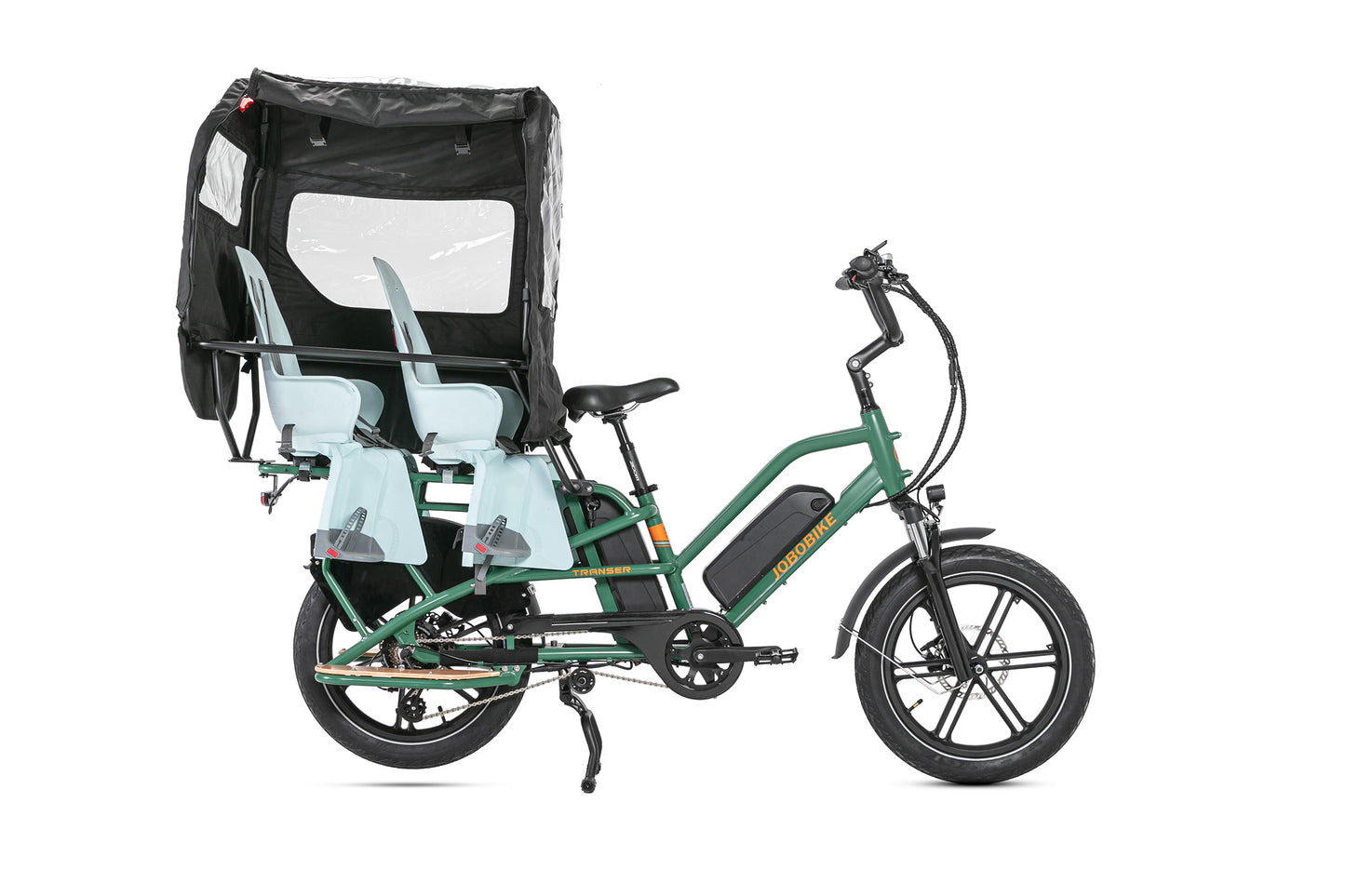 Evvolt Dal med dobbelt barnesete og regntrekk, skoggrønn