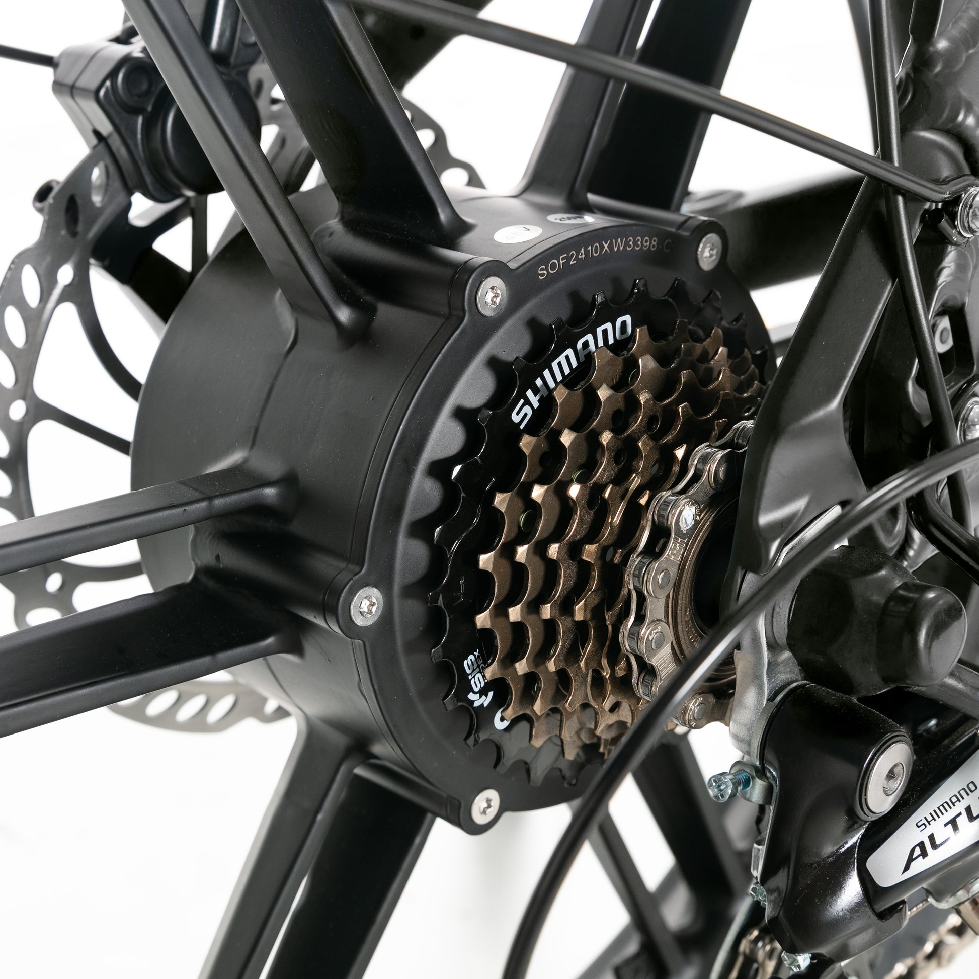Evvolt Kyst Pro olivensvart – bakhjulsmotor og Shimano kassett detalj