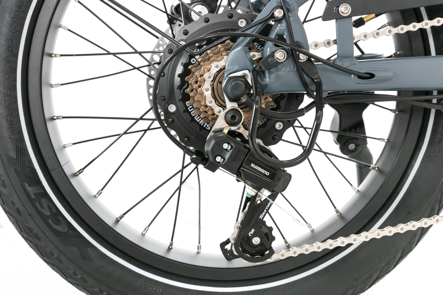 Evvolt Kyst stålblå – Shimano gir og kjede detalj