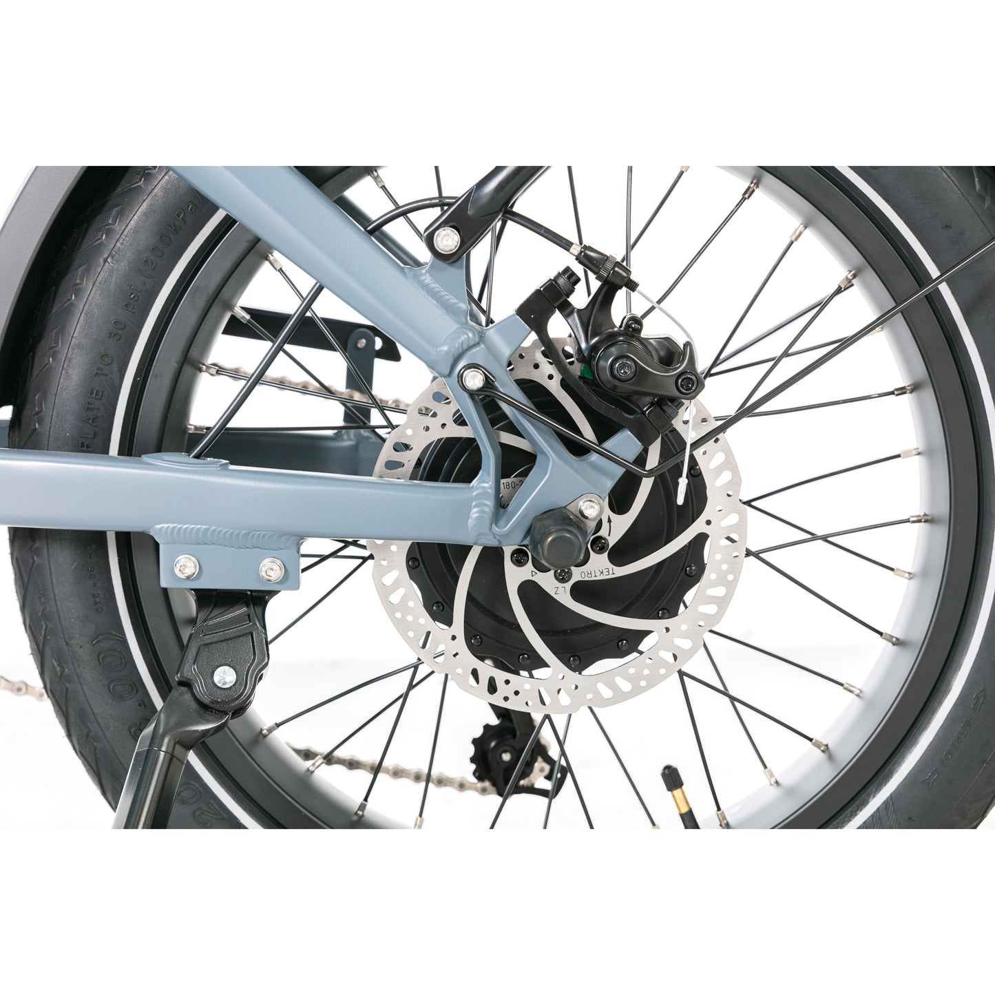 Evvolt Kyst stålblå – bakhjul med Tektro skivebrems og motor detalj