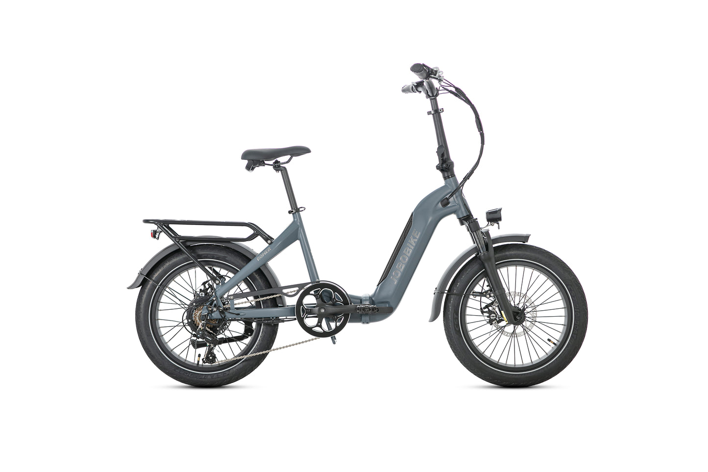 Evvolt Kyst elsykkel stålblå fatbike – sidevisning hvit bakgrunn