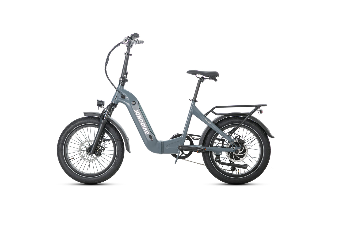 Evvolt Kyst elsykkel stålblå fatbike – venstre side hvit bakgrunn