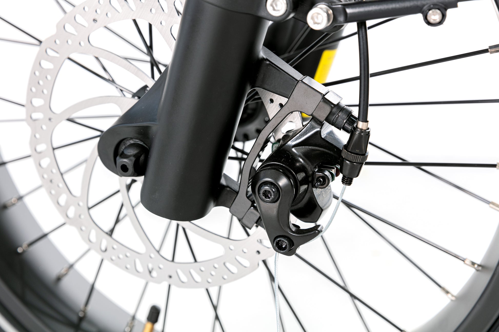 Evvolt Kyst stålblå – frontkaliber, skivebrems og gaffel detalj