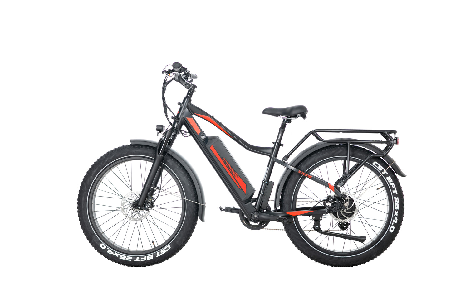EVVOLT Topp Pro elektrisk fatbike sett skrått bakfra med bagasjebrett, mudderskjerm og CST BFT 26x4.0 fatdekk