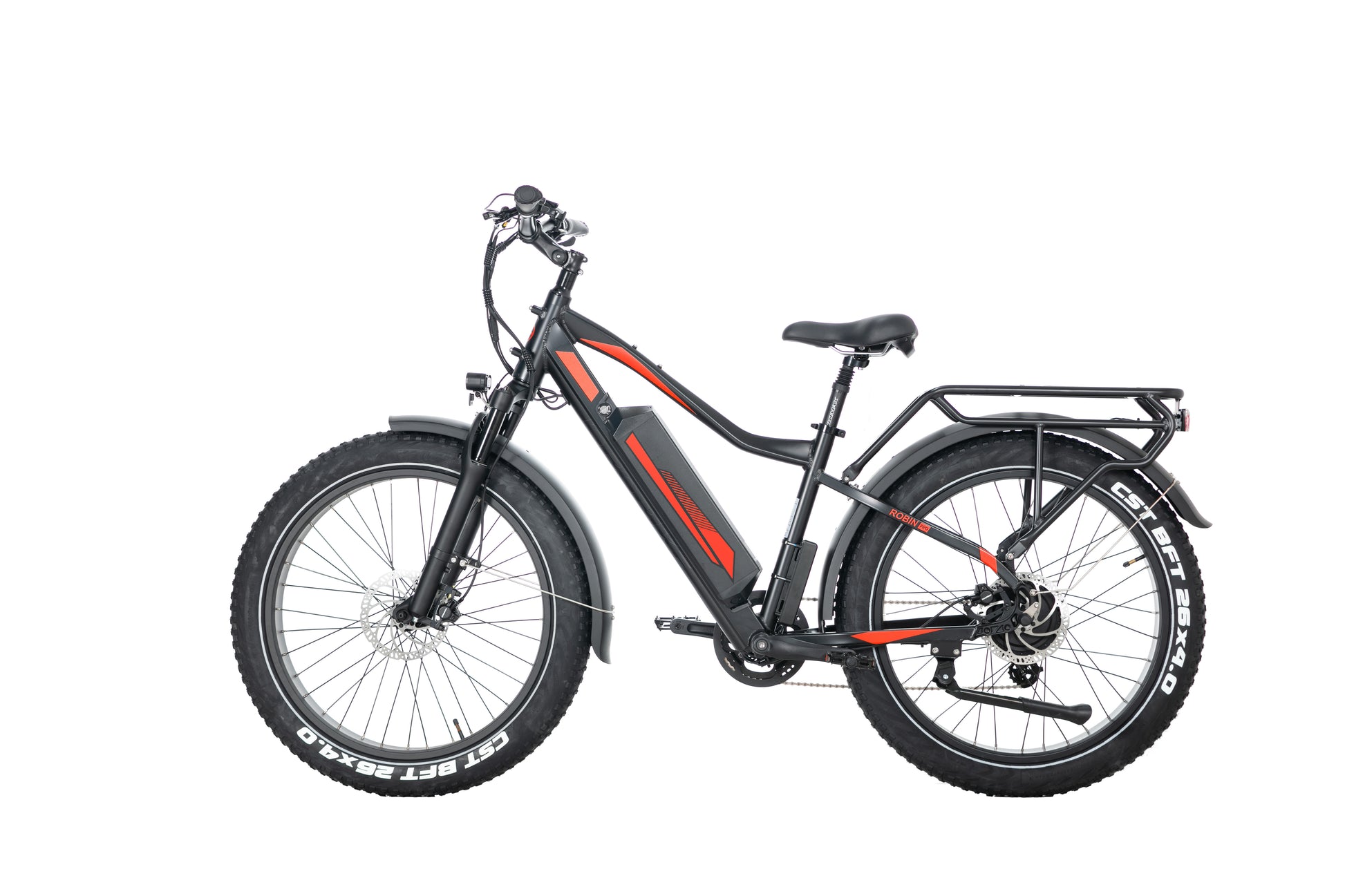 EVVOLT Topp Pro elektrisk fatbike sett skrått bakfra med bagasjebrett, mudderskjerm og CST BFT 26x4.0 fatdekk