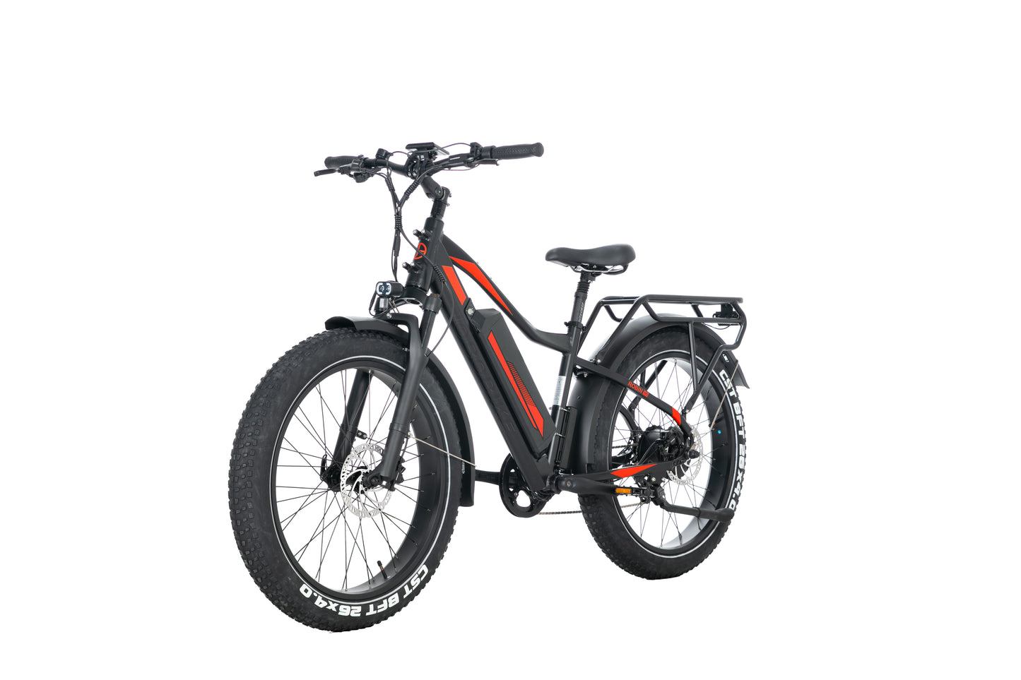 EVVOLT Topp Pro elektrisk fatbike sett skrått forfra med frontgaffel, LED-lys og CST BFT 26x4.0 fatdekk