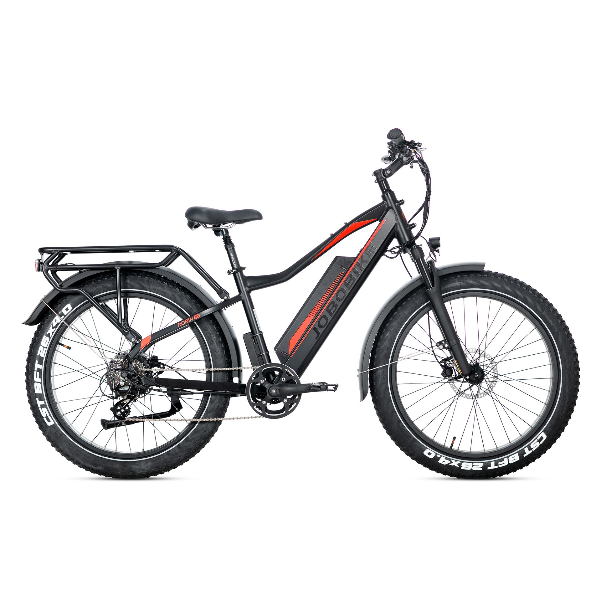 EVVOLT Topp Pro elektrisk fatbike sidevisning med bagasjebrett, mudderskjerm og blå aksenter på sort ramme
