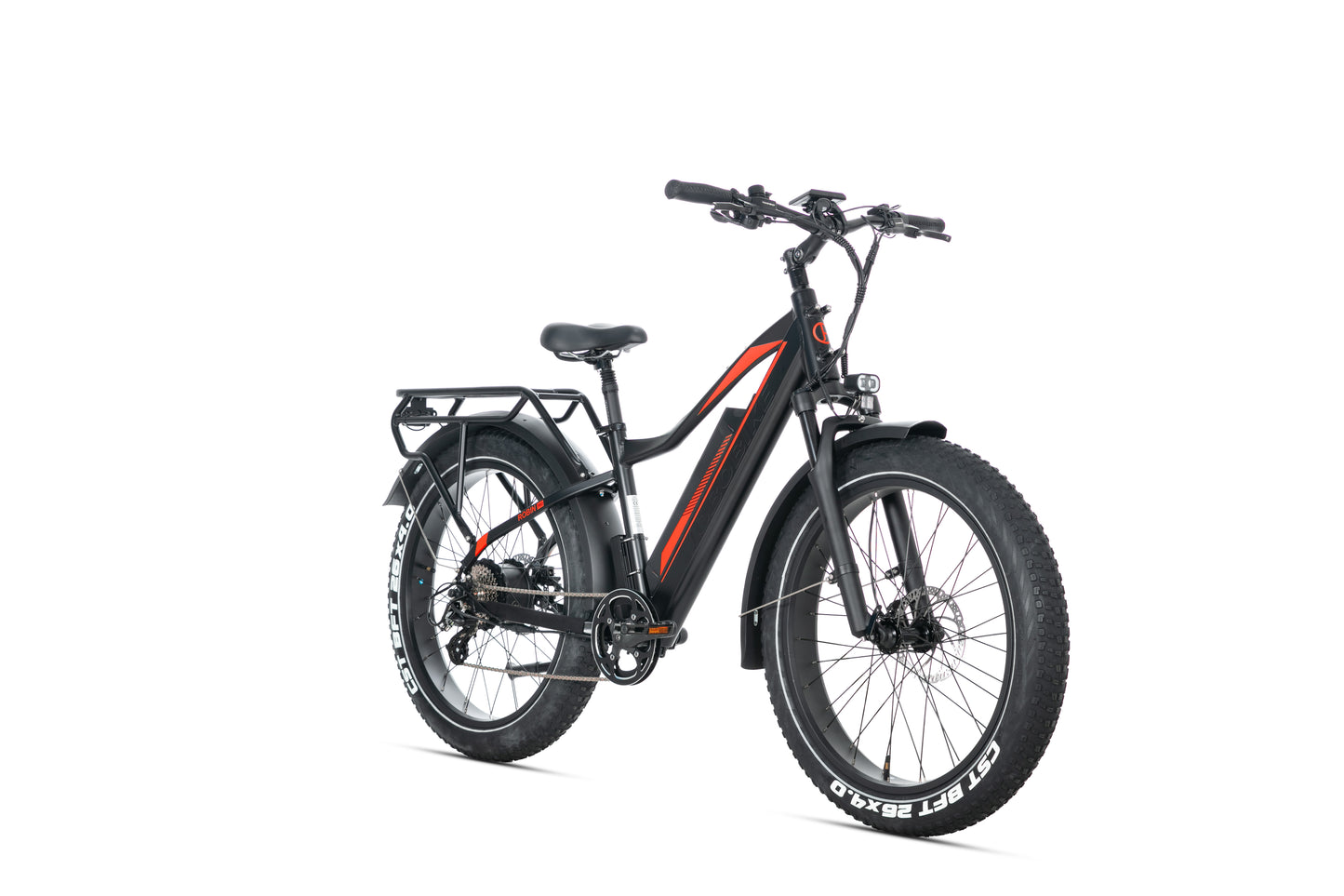 EVVOLT Topp Pro elektrisk fatbike i matt sort sett fra vinkel med CST BFT 26x4.0 fatdekk og hydrauliske skivebremser
