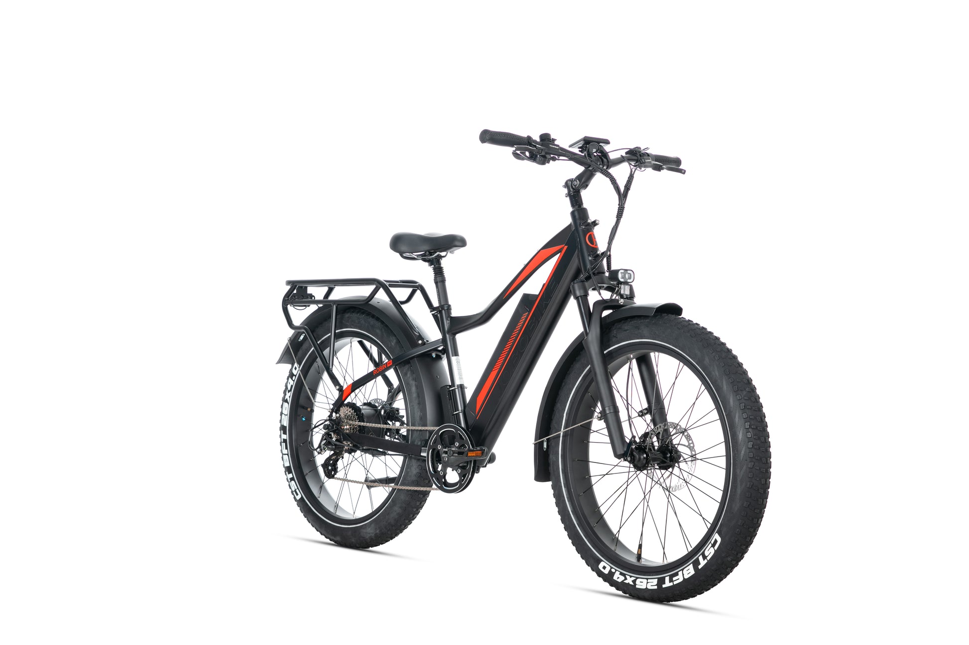 EVVOLT Topp Pro elektrisk fatbike i matt sort sett fra vinkel med CST BFT 26x4.0 fatdekk og hydrauliske skivebremser

