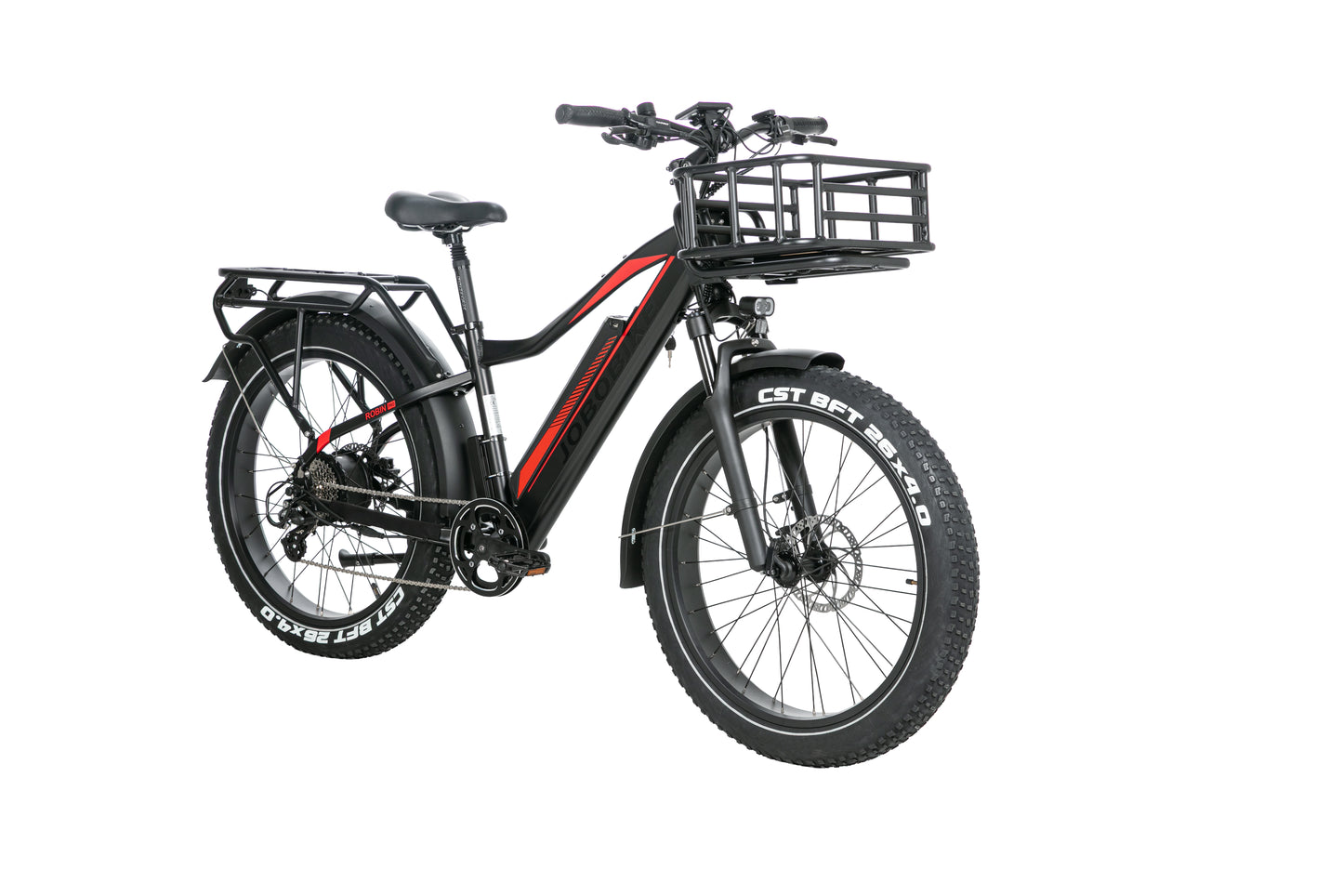 EVVOLT Topp Pro elektrisk fatbike med frontkurv montert på styre og CST BFT 26x4.0 fatdekk
