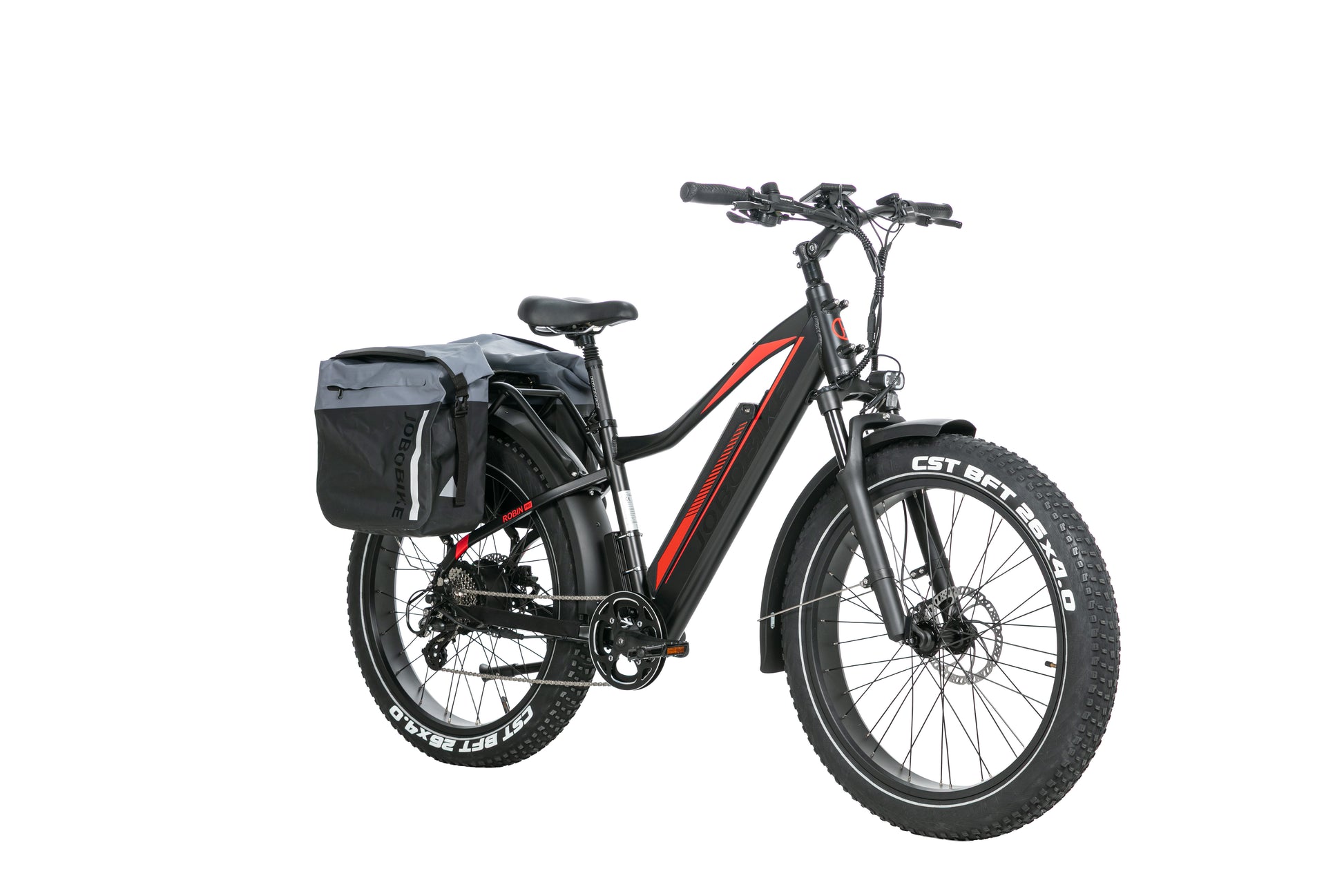 EVVOLT Topp Pro elektrisk fatbike med sidebag montert på bagasjebrett og CST BFT 26x4.0 fatdekk
