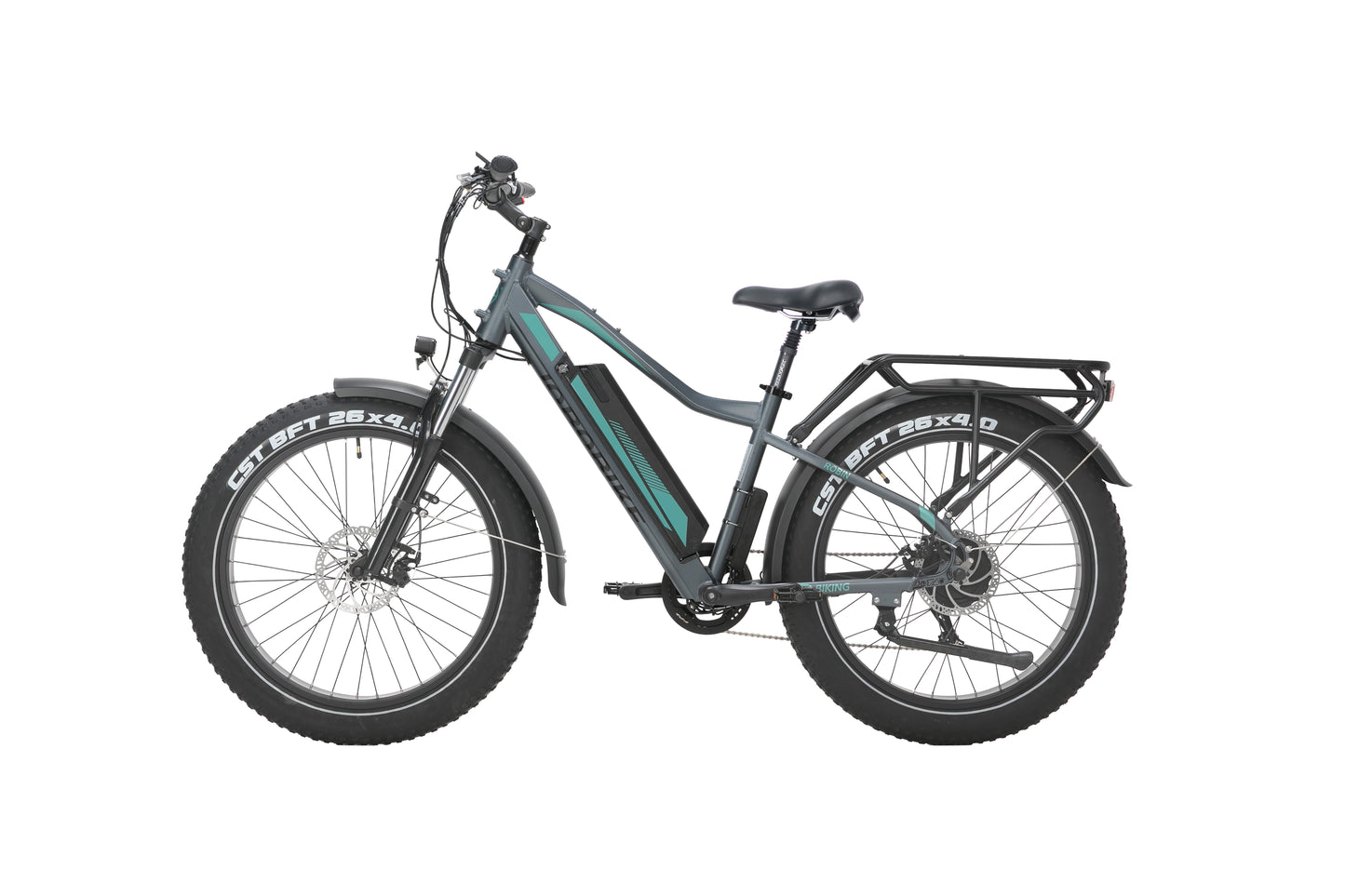EVVOLT Topp Pro elektrisk fatbike i grafittgrå med turkis aksenter, sidevisning