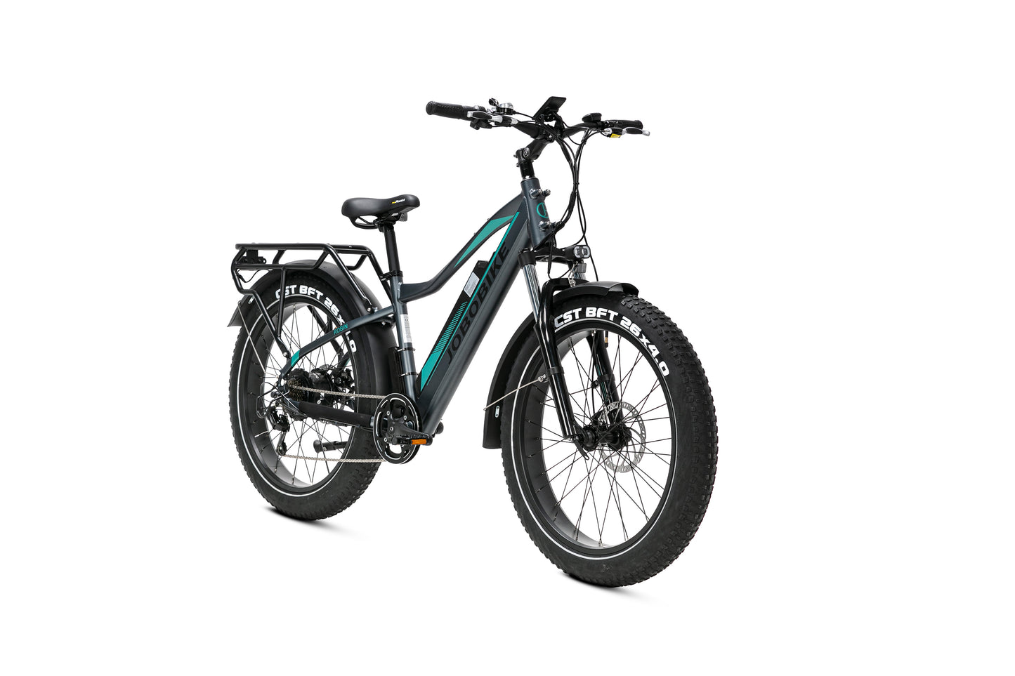 EVVOLT Topp Pro grafittgrå fatbike sett forfra med styre og turkis dekor