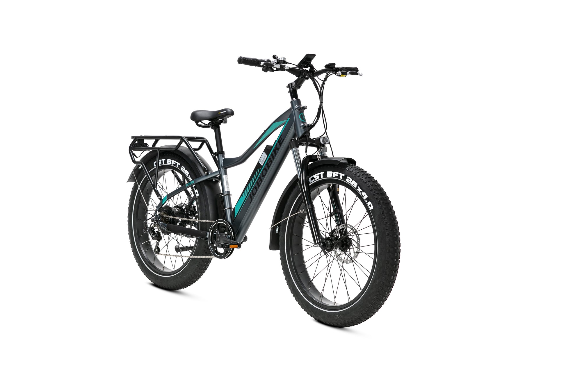 EVVOLT Topp Pro grafittgrå fatbike sett forfra med styre og turkis dekor