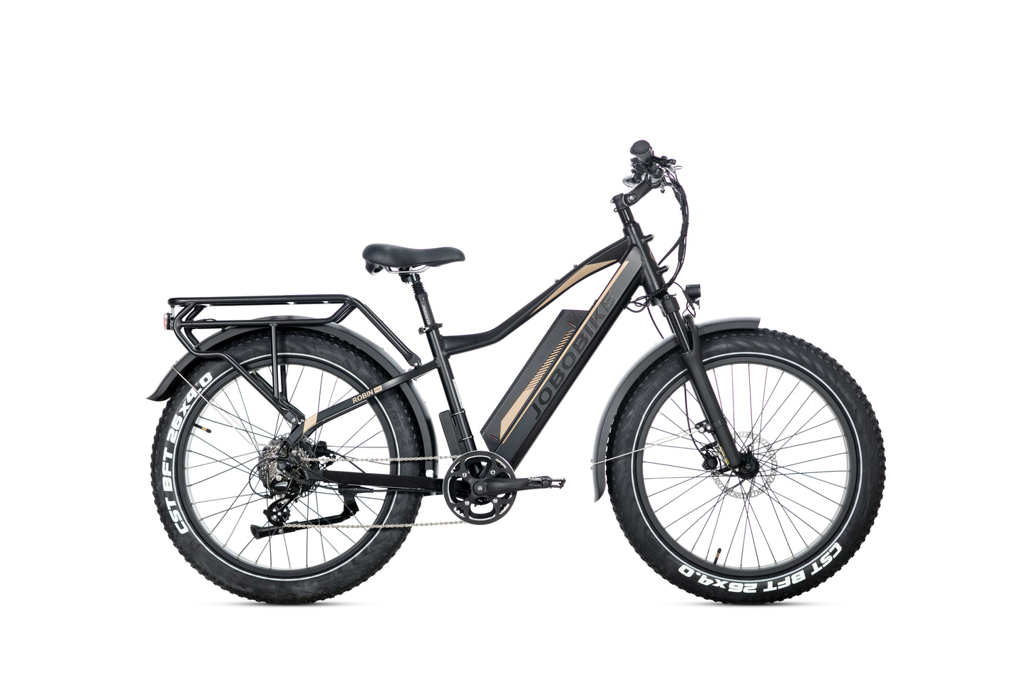 EVVOLT Topp Pro elektrisk fatbike i matt sort med gull aksenter, sidevisning med CST BFT 26x4.0 fatdekk