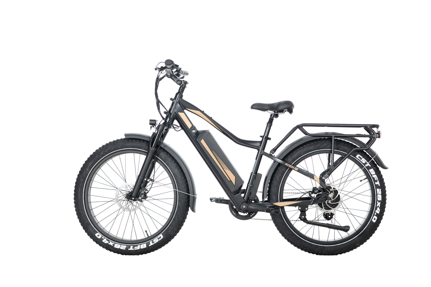 EVVOLT Topp Pro gull fatbike sett skrått forfra med styre og display