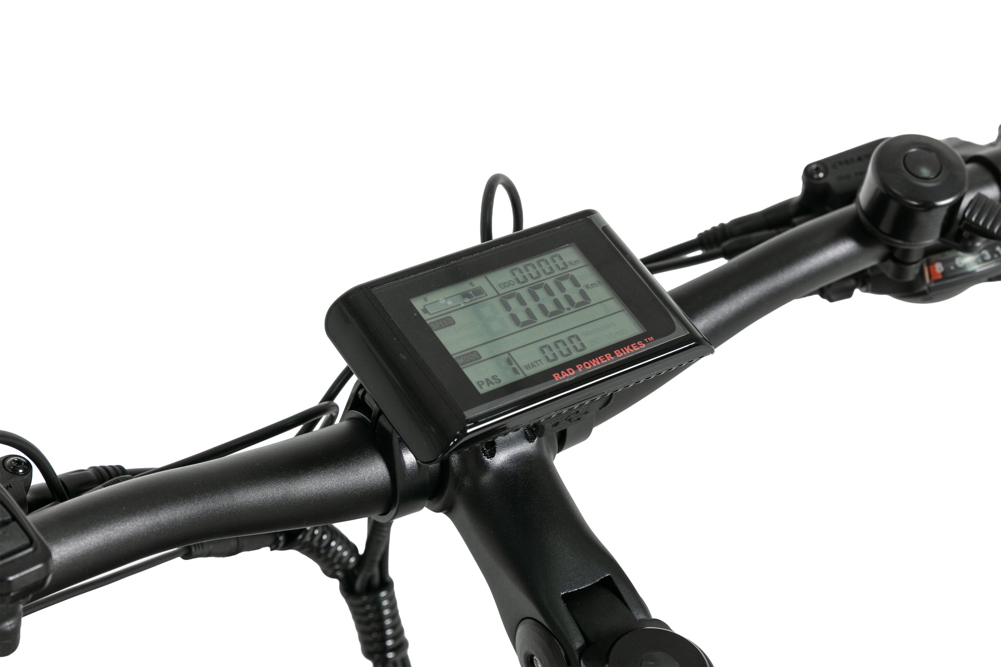 EVVOLT Topp Pro LCD-display som viser hastighet, PAS-nivå, watt og total kjørelengde
