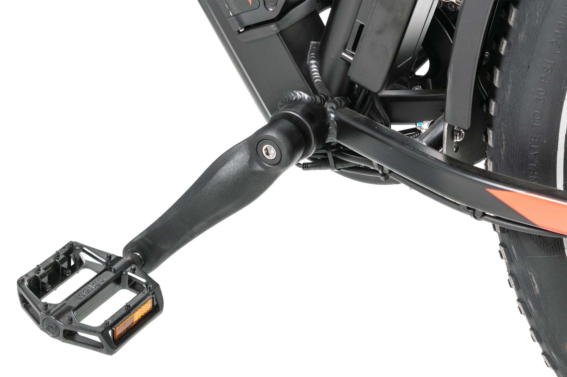 EVVOLT Topp Pro pedal og kranklager nærbilde med Bafang 48V motor og reflekspedalplate
