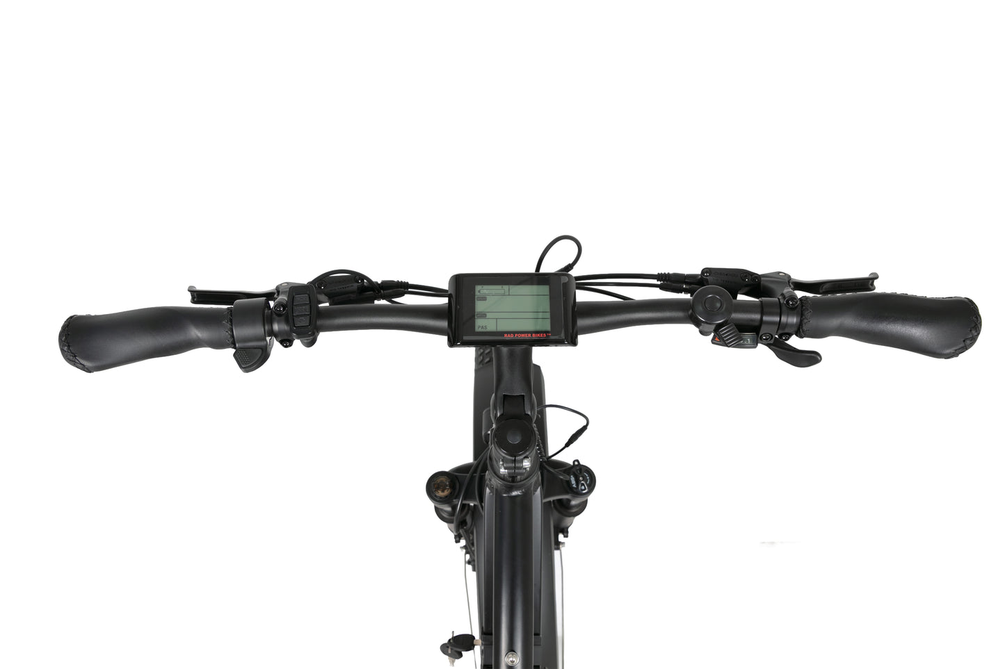 EVVOLT Topp Pro styre sett forfra med LCD-display, Tektro hydrauliske bremsehendler og ergonomiske skinngrepene
