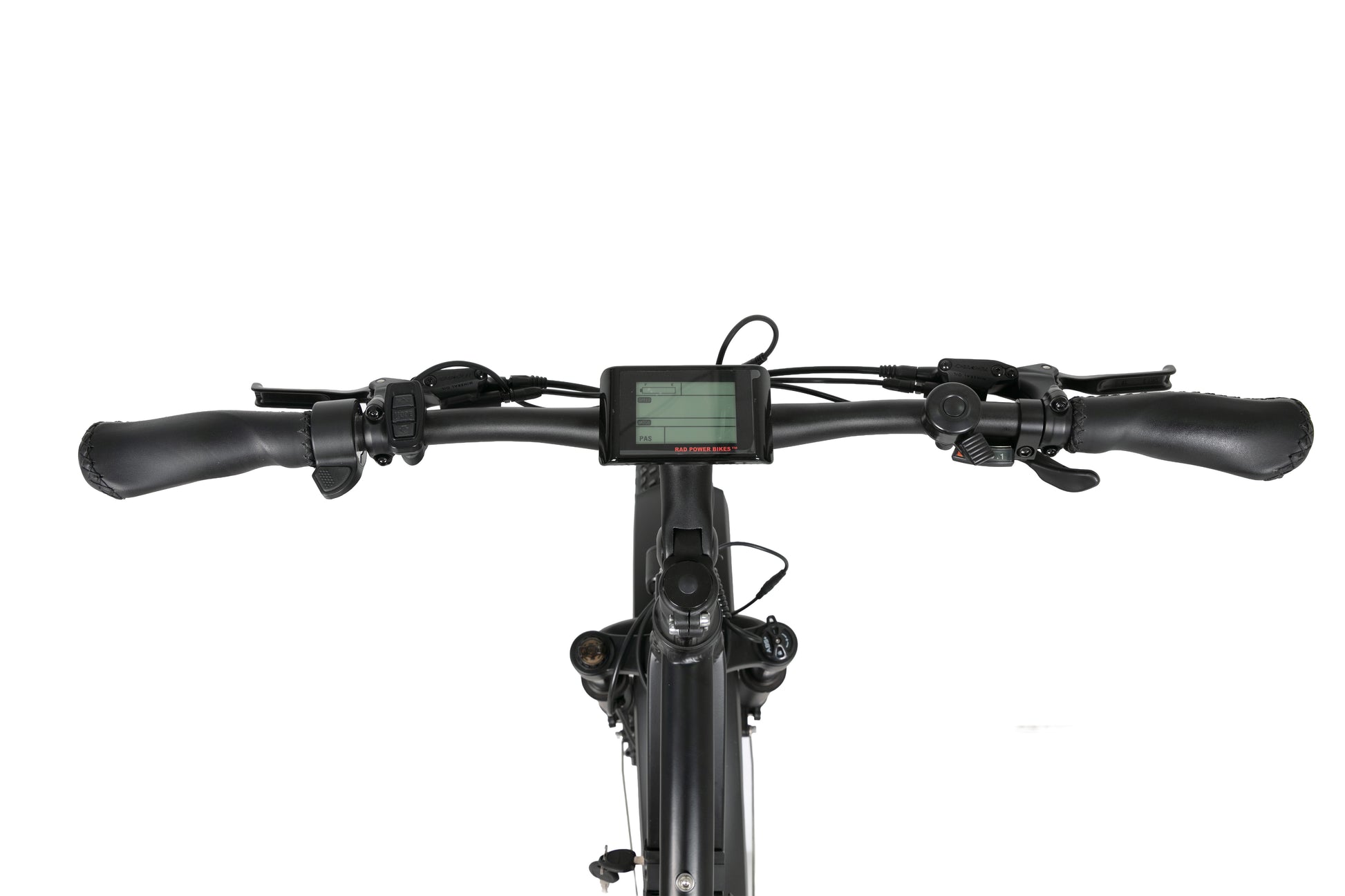 EVVOLT Topp Pro styre sett forfra med LCD-display, Tektro hydrauliske bremsehendler og ergonomiske skinngrepene
