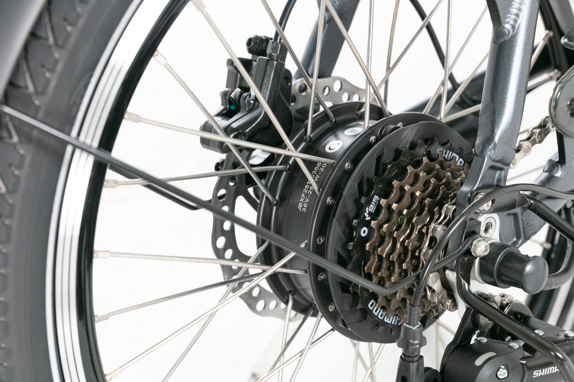 Evvolt Urban grafittgrå – XOFO motor og Shimano kassett detalj